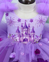 Lavender with purple color gradient asymmetrical layered gown with Sleeve Trails And Castle Print Yoke (New)