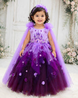 Lavender with purple color gradient asymmetrical layered gown with Sleeve Trails And Castle Print Yoke (New)