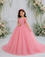Net Cap Sleeve Detachable Back Trail Snow Theme Full Length Gown - Pale Rose(New)
