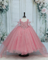 Net Cap Sleeve Detachable Back Trail Snow Theme Full Length Gown - Pale Rose(New)