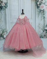 Net Cap Sleeve Detachable Back Trail Snow Theme Full Length Gown - Pale Rose(New)