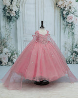 Net Cap Sleeve Detachable Back Trail Snow Theme Full Length Gown - Pale Rose(New)