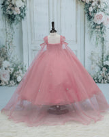 Net Cap Sleeve Detachable Back Trail Snow Theme Full Length Gown - Pale Rose(New)