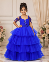 Net Sleeveless Beaded-Shoulder Layered Princess Full-Length Gown - Royal Blue(New)(Bestseller)