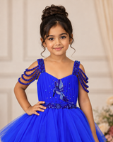 Net Sleeveless Beaded-Shoulder Layered Princess Full-Length Gown - Royal Blue(New)(Bestseller)