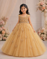 Net Cap Sleeve 3D Hand Crafted Flower Appliques Floral Full Gown - Dark Beige(New)(Bestseller)