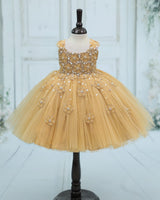 Net Cap Sleeve 3D Hand Crafted Flower Appliques Floral Full Gown - Dark Beige(New)(Bestseller)
