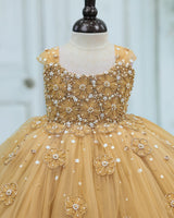 Net Cap Sleeve 3D Hand Crafted Flower Appliques Floral Full Gown - Dark Beige(New)(Bestseller)