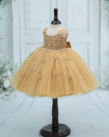 Net Cap Sleeve 3D Hand Crafted Flower Appliques Floral Full Gown - Dark Beige(New)(Bestseller)