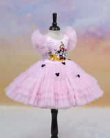 Net Sleeveless Frilled & Layered Mickey Mouse Theme Calf-Length Gown - Baby Pink (New)