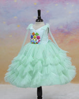 Net Sleeveless with Bow Frill & Layered Aquamarine Theme Full Length Gown - Powder Blue (New)