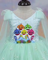 Net Sleeveless with Bow Frill & Layered Aquamarine Theme Full Length Gown - Powder Blue (New)