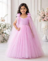 Net Sleeveless with Bow & Trail Fit & Flare Bead & Stone Work Full Length Gown - Cherry Blossom(New)