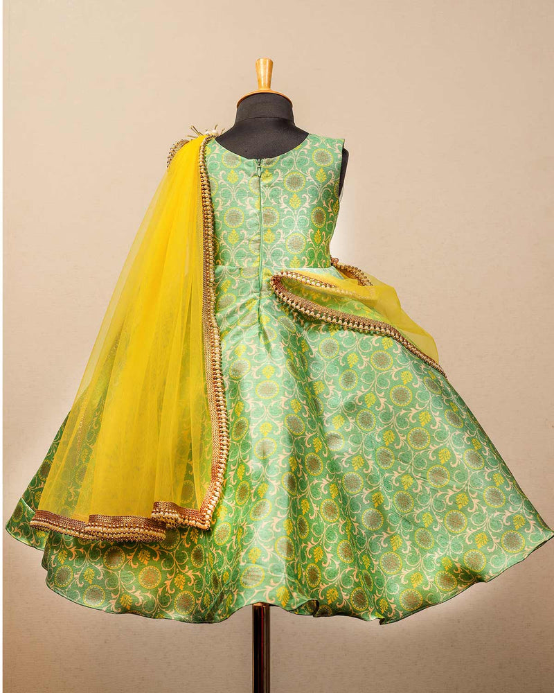 Light Green Printed Gown with Bead Lace Dupatta