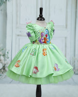 Satin Mutton-Sleeve Animal/Bird-Themed Knee-Length Gown - Pastel Green (New)