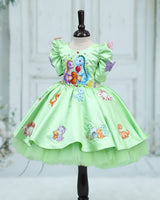 Satin Mutton-Sleeve Animal/Bird-Themed Knee-Length Gown - Pastel Green (New)
