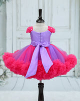 Net Sleeveless 3D Hand-Crafted Flower Appliqué Floral Knee-Length Gown - Dark Neon Pink and Lavender(New)