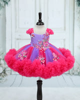 Net Sleeveless 3D Hand-Crafted Flower Appliqué Floral Knee-Length Gown - Dark Neon Pink and Lavender(New)