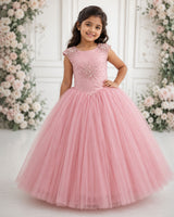 Net Sleeveless Bead, Stone & Sequin Yoke Full-Length Gown - Dusty Rose(New)