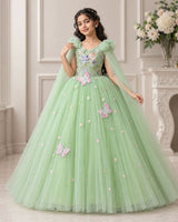 Net Sleeveless Floral Appliqué Butterfly Full-Length Gown for Girl in Gleem Green (New)