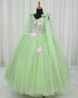 Net Sleeveless Floral Appliqué Butterfly Full-Length Gown for Girl in Gleem Green (New)