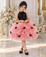 Black & Light Peach Net Umbrella Gown with Floral and Halter Neck for Girls