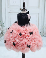 Black & Light Peach Net Umbrella Gown with Floral and Halter Neck for Girls