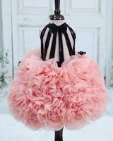 Black & Light Peach Net Umbrella Gown with Floral and Halter Neck for Girls