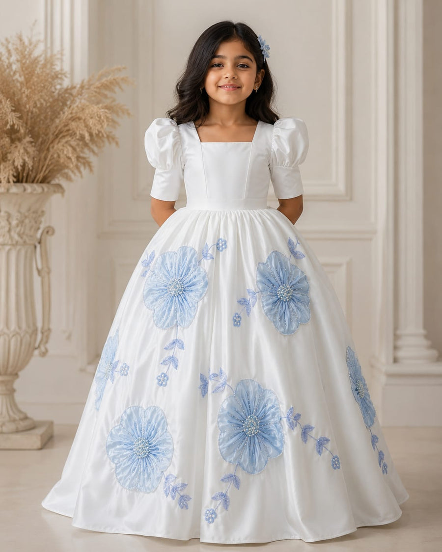 White and icy blue satin full-length fit and flare gown with floral embroidery and pearls for girls