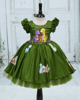 Cotton Satin Layered Ruffle Cap Sleeve Animal/Bird-Themed Knee-Length Gown - Pesto Punch (New)