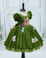 Cotton Satin Layered Ruffle Cap Sleeve Animal/Bird-Themed Knee-Length Gown - Pesto Punch (New)