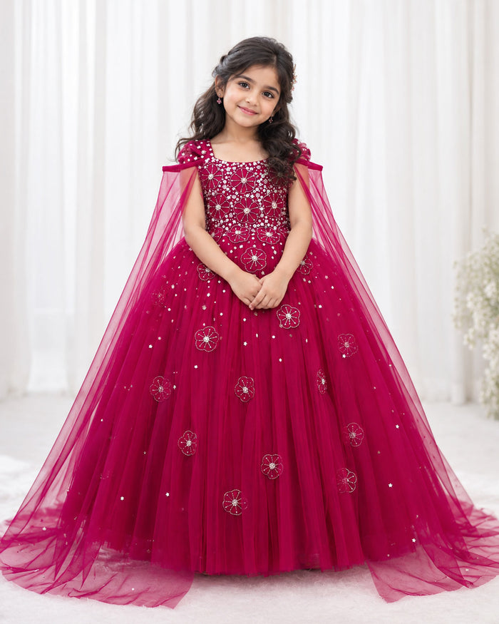 Wine red net cap sleeve gown with 3D floral appliqué for girls