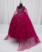 Net Cap Sleeve 3D Floral Applique Full-Length Gown for Girl in Wine Red & Vintage Wine(New)(Bestseller)