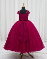 Net Cap Sleeve 3D Floral Applique Full-Length Gown for Girl in Wine Red & Vintage Wine(New)(Bestseller)