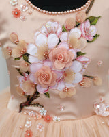 Net Puff Sleeve Floral Print Full-Length Gown for Girls in Light Peach(New)(Bestseller)