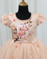 Net Puff Sleeve Floral Print Full-Length Gown for Girls in Light Peach(New)(Bestseller)