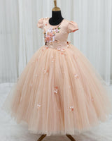 Net Puff Sleeve Floral Print Full-Length Gown for Girls in Light Peach(New)(Bestseller)