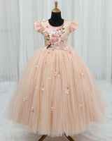 Net Puff Sleeve Floral Print Full-Length Gown for Girls in Light Peach(New)(Bestseller)