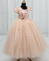 Net Puff Sleeve Floral Print Full-Length Gown for Girls in Light Peach(New)(Bestseller)
