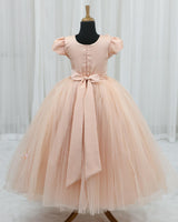 Net Puff Sleeve Floral Print Full-Length Gown for Girls in Light Peach(New)(Bestseller)