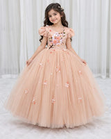 Net Puff Sleeve Floral Print Full-Length Gown for Girls in Light Peach(New)(Bestseller)