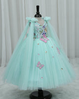 Net Sleeveless Floral Appliqué Butterfly Full-Length Gown for Girl in Light Aqua Blue (New)