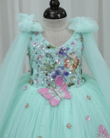 Net Sleeveless Floral Appliqué Butterfly Full-Length Gown for Girl in Light Aqua Blue (New)