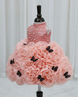 Dark Dusty Peach & Coral Blush Net Umbrella Gown with Floral and Halter Neck for Girls (New)