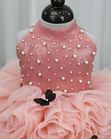 Dark Dusty Peach & Coral Blush Net Umbrella Gown with Floral and Halter Neck for Girls (New)