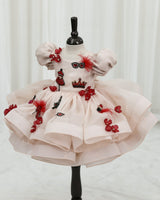 Organza Puff Sleeve floral and Fashion Patches Calf-Length Gown for Baby Girl in Coral Peach (New)