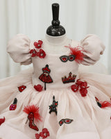 Organza Puff Sleeve floral and Fashion Patches Calf-Length Gown for Baby Girl in Coral Peach (New)
