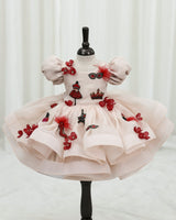 Organza Puff Sleeve floral and Fashion Patches Calf-Length Gown for Baby Girl in Coral Peach (New)