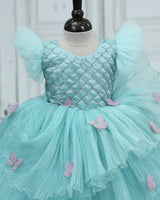 Pleated Organza Frill Sleeve butterfly Patches Full Length-Gown for Baby Girls in Baby Blue (New)