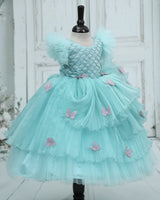Pleated Organza Frill Sleeve butterfly Patches Full Length-Gown for Baby Girls in Baby Blue (New)
